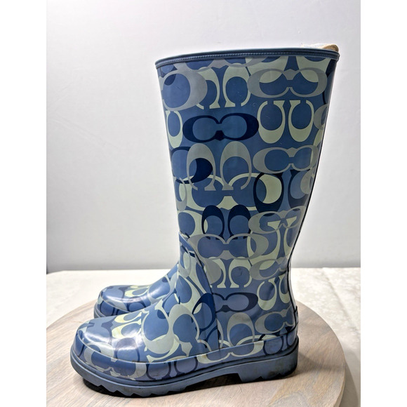 Coach Paisley Womens Rubber Pull On Tall Rain Boots Blue All Over Logo Sz 7m - Picture 4 of 11